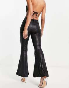 Гламурные брюки-клеш с завышенной талией черного матового цвета с пайетками Glamorous