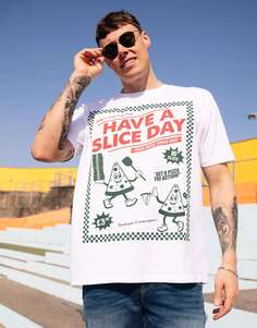 Белая футболка унисекс в ретро-стиле с рисунком пиццы «Happy Day Pizza» Batch1