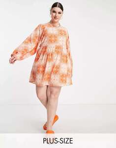 Свободное платье мини с длинными рукавами Daisy Street Plus с ярко-оранжевым принтом в виде банданы