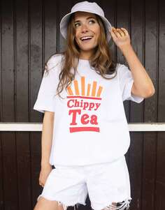 Белая футболка унисекс с надписью Chippy Tea и изображением чипсов Batch1