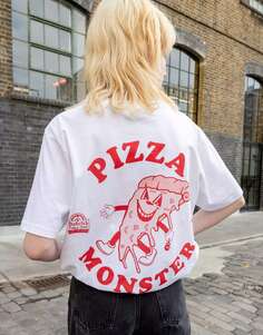 Белая футболка унисекс в стиле ретро с рисунком Pizza Monster Batch1