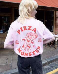 Розовая футболка унисекс в стиле ретро с рисунком Pizza Monster Batch1