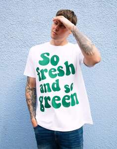 Белая футболка унисекс с зелеными и свежими надписями Batch1