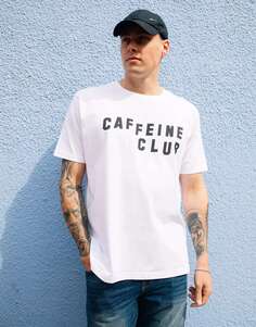 Белая футболка унисекс с надписью Caffeine Club Batch1