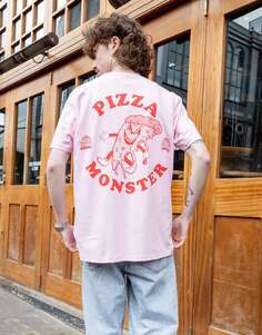 Розовая футболка унисекс в стиле ретро с рисунком Pizza Monster Batch1