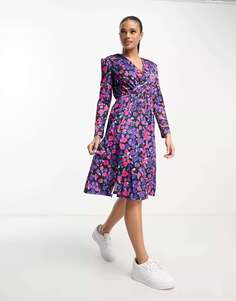 Платье миди с запахом спереди Rebellious Fashion фиолетового, розового и синего цвета с цветочным принтом