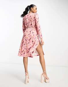 Розовое платье миди с запахом и передом Rebellious Fashion