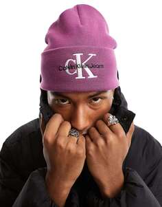 Фиолетовая шапка-бини с монограммой и вышитым логотипом Calvin Klein Jeans
