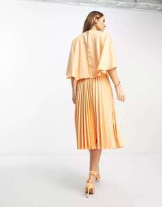 Оранжевое платье миди со складками и развевающимися рукавами Closet London