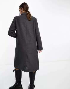 Стильное двубортное длинное пальто из твила темно-серого цвета Object