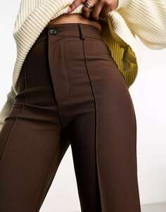 Шоколадно-коричневые брюки строгого кроя с завышенной талией и передним швом Pull&amp;Bear