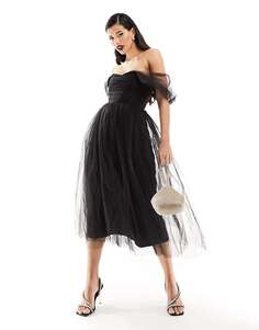 Черное многоярусное платье макси из тюля с открытыми плечами и кружевом и бусинами Lace &amp; Beads