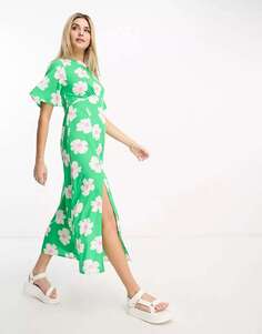 Чайное платье миди миди с развевающимися рукавами Influence с зеленым цветочным принтом