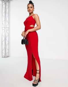 Красное платье макси с асимметричными бретелями и вырезом Trendyol