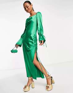 Зеленое атласное платье миди с драпировкой по бокам Ei8th Hour