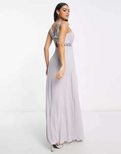 Серое шифоновое платье макси с высоким воротником и украшением - LGREY TFNC