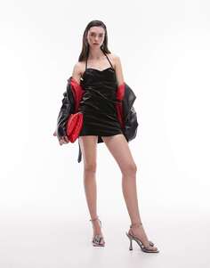 Черное бархатное мини-платье из искусственной кожи Topshop