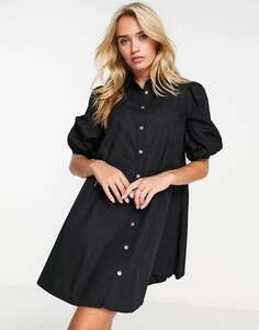 Черное мини-платье-рубашка с пышными рукавами River Island