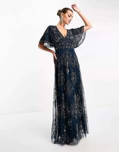 Темно-синее платье макси с развевающимися рукавами и каплевидной спинкой, украшенное украшением Beauut