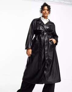 Черное длинное пальто из искусственной кожи с поясом Forever New Curve