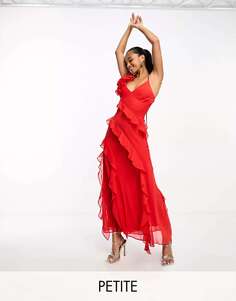 Красное платье макси с асимметричными оборками и розочкой Forever New Petite