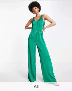 Зеленый атласный комбинезон с широкими штанинами и сборками по бокам Lola May Tall
