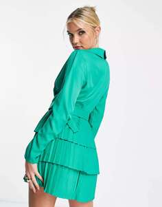 Эксклюзивное зеленое платье-блейзер с глубоким вырезом спереди и плиссированной юбкой In The Style