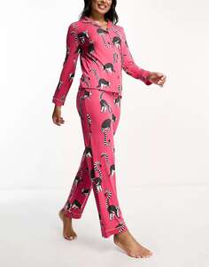 Эксклюзивный трикотажный пижамный комплект из топа и брюк с принтом лемура ярко-розового цвета Chelsea Peers