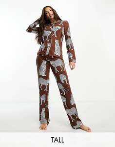 Эксклюзивный коричневый пижамный комплект из трикотажного топа и брюк с леопардовым принтом Chelsea Peers