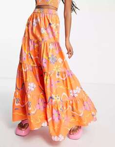 Оранжевая ярусная юбка макси с цветочным принтом COLLUSION