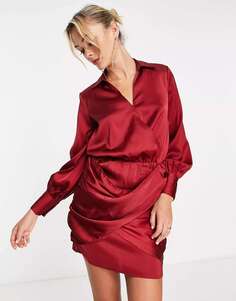 Красное атласное мини-платье-рубашка с запахом River Island