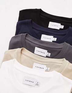 Комплект классических футболок Topman из 5 цветов черного, белого, серого, каменного и темно-синего цветов