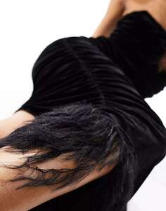 Черное бархатное платье миди с искусственным пером Jaded Rose