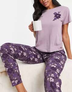 Темно-фиолетовый пижамный комплект из винтажной футболки с цветочным принтом Brave Soul и брюк с манжетами на манжетах