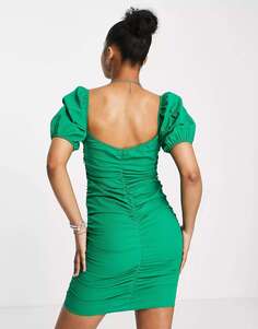 Зеленое мини-платье Stradivarius со сборками и квадратным вырезом