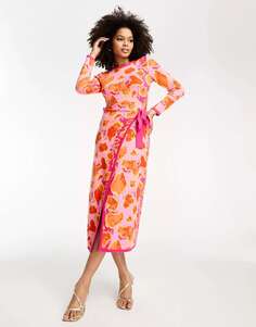 Трикотажное платье миди с запахом и запахом Never Fully Dressed розово-оранжевого цвета с леопардовым принтом