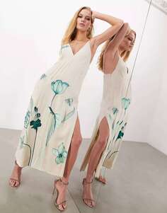 Атласное платье миди-комбинации ASOS с цветочной вышивкой из камней