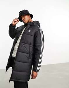 Черная длинная куртка-пуховик с капюшоном и 3 полосками adidas Originals
