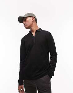 Черная рубашка-поло с длинными рукавами и контрастной ленточной планкой Topman