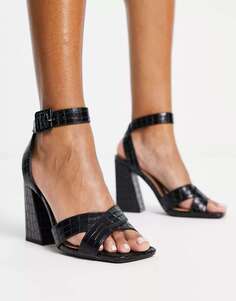 Черные расклешенные босоножки на каблуке с квадратным носком из крокодила New Look