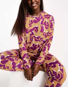 Бордовая длинная пижама с изображением гепарда Chelsea Peers