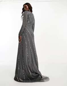 Темно-серое платье макси с длинными рукавами и декором Beauut