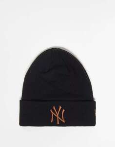 Черная шапка-бини унисекс New Era NY с оранжевым логотипом