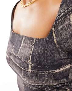 Коричневое джинсовое платье макси с квадратным вырезом и длинными рукавами COLLUSION Plus