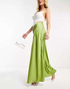 Оливково-зеленая атласная юбка макси NaaNaa