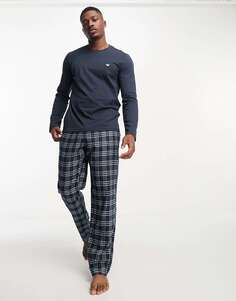 Темно-синий пижамный комплект Emporio Armani Bodywear, топ с длинными рукавами и брюки в клетку