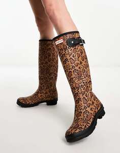 Коричневые оригинальные высокие ботинки с леопардовым принтом Hunter