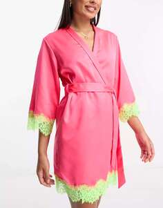 Комфортный атласный халат ярко-розового цвета с неоновым кружевом Loungeable