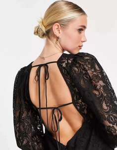 Черное кружевное мини-платье Love Triangle с длинными рукавами и открытой спиной