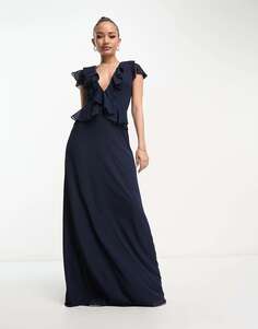Темно-синее шифоновое платье макси с оборками TFNC Bridesmaid